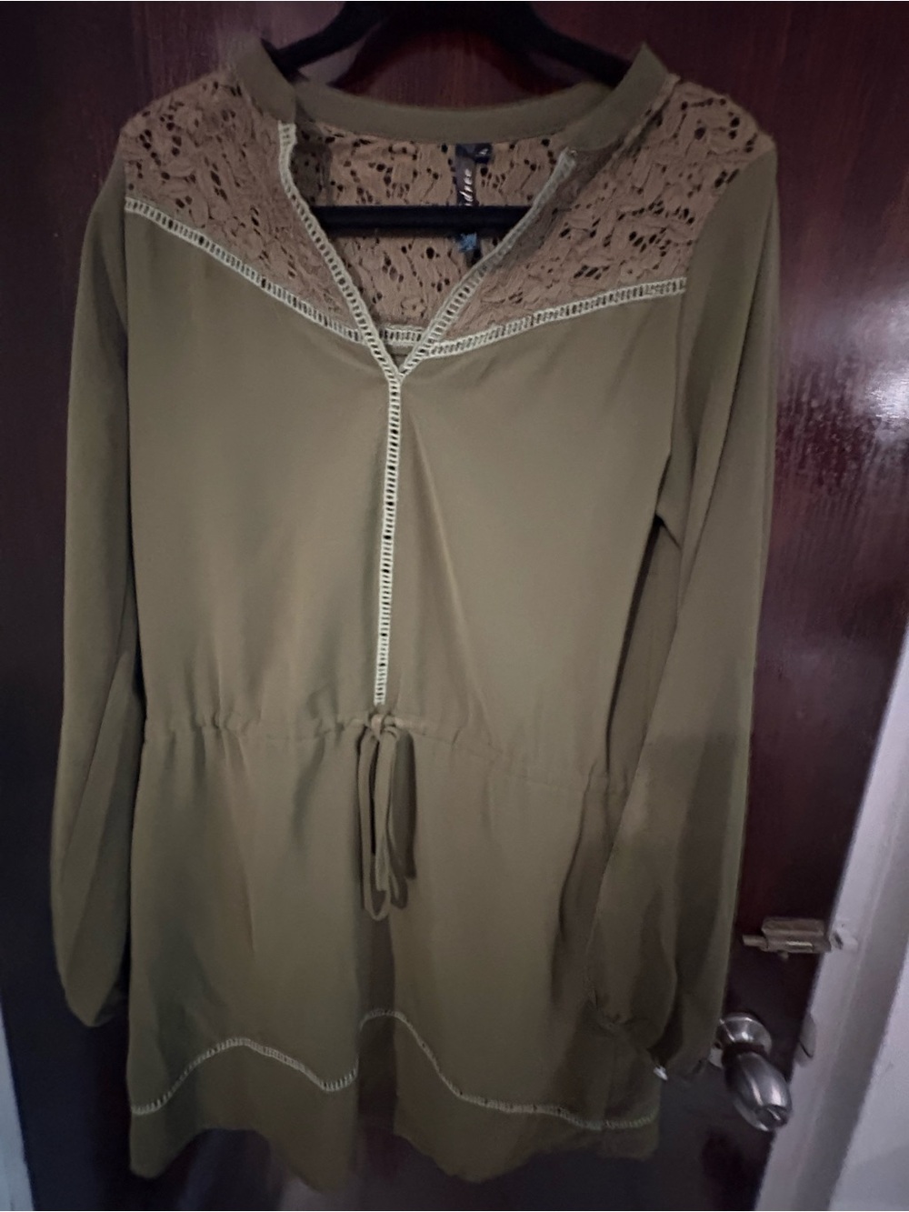 Bundle 3 for $15. Andree Olive Long Sleeve Lace Yoke Drawstring Dress. Size L.